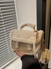 Autumn/Winter Niche Suede Handbag, Women's Fashionable Simple Colorblock Shoulder Bag, Casual Tote Bag With Mini Round Bag For Commuting, Dating, Work - Beige - View 1