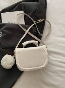 Autumn/Winter Niche Suede Handbag, Women's Fashionable Simple Colorblock Shoulder Bag, Casual Tote Bag With Mini Round Bag For Commuting, Dating, Work - Beige - View 6