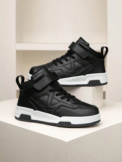 1 Pair Children High-Top Sports Shoes, Skate Shoes For Indoor & Outdoor Casual Wear, Hook & Loop Strap Easy To Wear, Lightweight, Non-Slip, Wear-Resistant, Color-Block Design, Christmas Elements