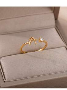 1枚迷你锆石字母可调节不锈钢戒指，18K镀金女士结婚戒指，情侣礼物 - 彩色 - 查看 6