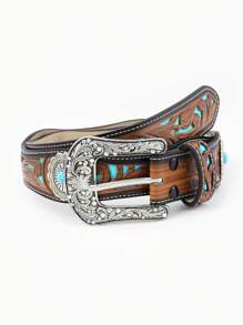 1 szt. Popularny, rzeźbiony pasek w stylu zachodnim w kolorze turkusowym, z klamrą w stylu vintage, pasujący do jeansów, najnowsza wersja na lato, do szkoły, na jesień, na Halloween - Brązowy - Zobacz 1