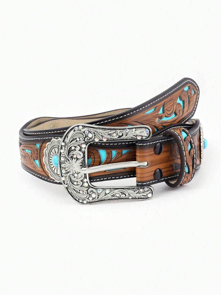 1 szt. Popularny, rzeźbiony pasek w stylu zachodnim w kolorze turkusowym, z klamrą w stylu vintage, pasujący do jeansów, najnowsza wersja na lato, do szkoły, na jesień, na Halloween - Brązowy - Zobacz 1