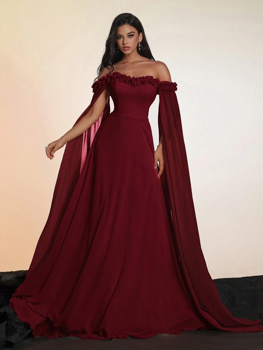 Smilprince Vestido Longo de Cetim com Capa com Babados Descolados em Bordô Elegante para Mulheres, Vestido de Festa Formal para Baile de Formatura e Eventos, Vestidos de Baile Femininos, Uso em Festas, Vestido de Madrinha
