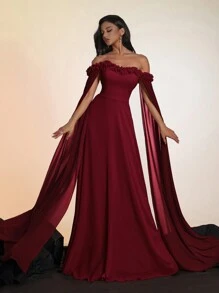 Smilprince Vestido Longo de Cetim com Capa com Babados Descolados em Bordô Elegante para Mulheres, Vestido de Festa Formal para Baile de Formatura e Eventos, Vestidos de Baile Femininos, Uso em Festas, Vestido de Madrinha
