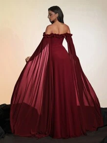 Smilprince Vestido Longo de Cetim com Capa com Babados Descolados em Bordô Elegante para Mulheres, Vestido de Festa Formal para Baile de Formatura e Eventos, Vestidos de Baile Femininos, Uso em Festas, Vestido de Madrinha