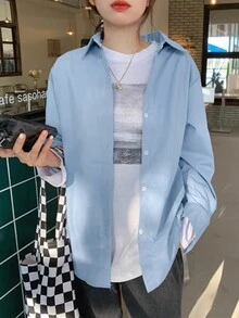 女士纯色前扣长袖简约休闲衬衫，日常穿着 - 藍色 - 查看 2