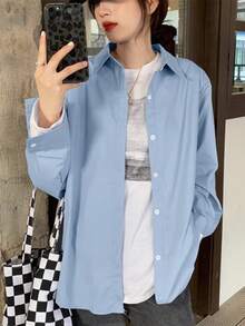 女士纯色前扣长袖简约休闲衬衫，日常穿着 - 藍色 - 查看 9