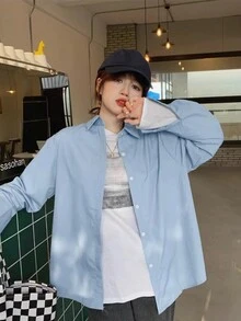 女士纯色前扣长袖简约休闲衬衫，日常穿着 - 藍色 - 查看 6