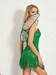 Women Halloween Forest Fairy Costume Solid Color Sequin Tube Tops Short Dress With Wings - Dark Green - View 8