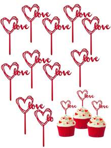 10个/30个红色爱心蛋糕装饰插牌，亚克力蛋糕装饰，母亲节纸杯蛋糕装饰，生日结婚纪念日派对蛋糕装饰，日期，情侣 - 紅色 - 查看 2