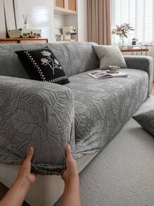 1pc Geometric Lines Jacquard Plush Sofa Slipcover, Elastic One-Piece Couch Cover In Simple Style, Pet-Friendly Non-Slip Dirt-Resistant Machine Washable Sofa Protector For All Seasons, Comes With 1pc 45*45cm Cushion Cover - Dark Grey - View 7