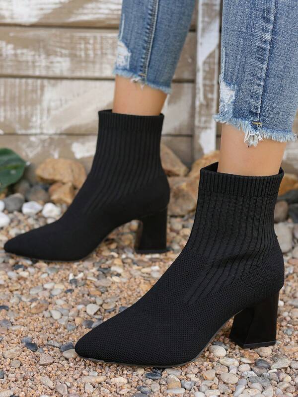Women's White Knit Slim Ankle Boots, High Chunky Heel Short Boots, Outdoor Breathable Slip-On Fashion Casual Boots