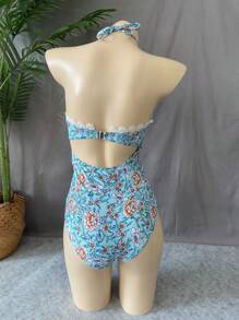 Women's Halter Neck One Piece Swimsuit Sexy Mature Floral Print One Piece Bikini - 藍色 - 查看 2