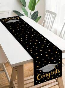 1pc Graduation 2025 Party Decorations Table Runners, Black Grey Hat Pattern, Polyester Table Runner Tablecloth Table Cover, Graduation Party 2025 Dining Room Table Decor, Home Decor, Black Gold Table Ornaments, Graduation Party Supplies, Graduation Theme Table Runner For Party Favors
