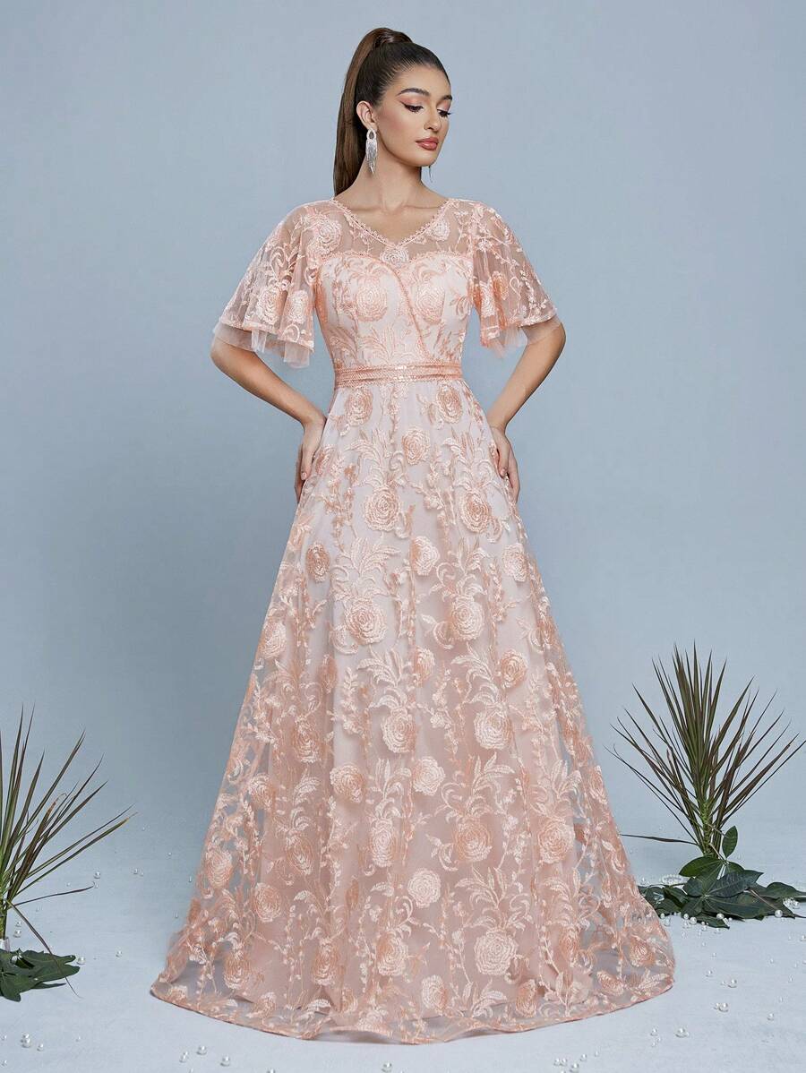 高端 V 领透明花卉刺绣蕾丝中长飘逸礼服、派对礼服、婚礼宾客礼服、晚礼服 - 橘色 - 查看 1