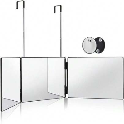 3 Way 360° Trifold Mirror With 5x Magnification, Retractable Hanging Portable Makeup Mirror For Hair Cutting, Self Haircuts, Shaving Home Bathroom Decor Summer Makeup Organizer Bathroom Accessories Back To School