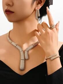 4 件夸张奢华阿拉伯迪拜闪亮锆石新娘首饰套装，中东沙特阿拉伯女性婚礼配饰。材质：铜镀金，镶嵌锆石。包括项链、耳环、戒指、手链。适合女性婚宴。 - 金色 - 查看 2