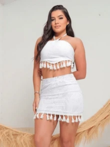 Cropped Set With Neck Tie And Low Cut Lace Skirt - trắng - Xem 2