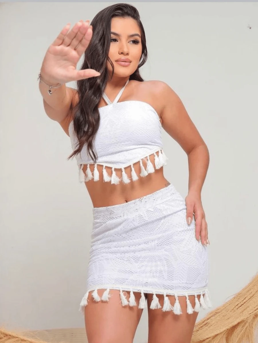 Cropped Set With Neck Tie And Low Cut Lace Skirt - trắng - Xem 1