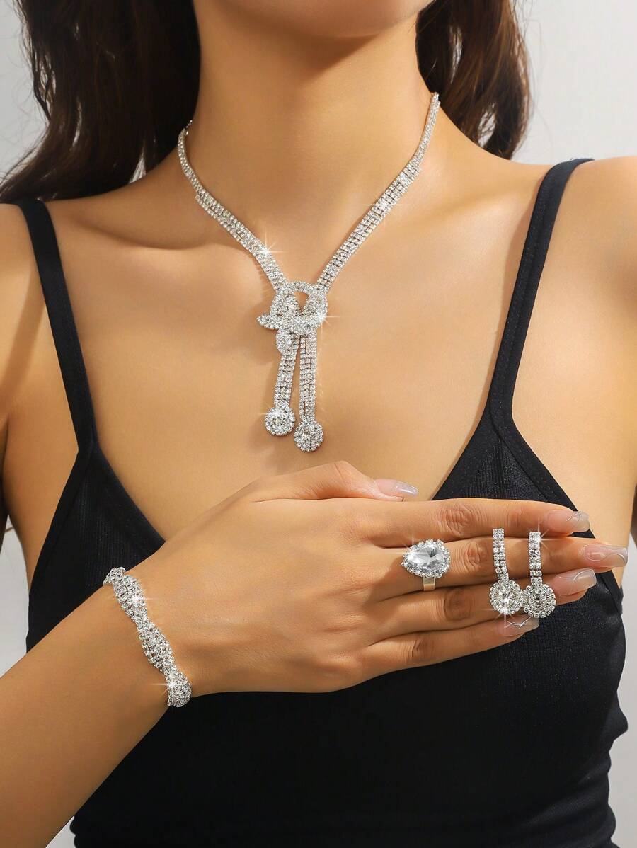 5pcs Rhinestone Leaf Design Necklace, Earrings, Bracelet And Ring Set, Sophisticated Versatile Jewelry Suitable For Women's Daily Commute, Campus Dates, Weddings, Parties, Valentine's Day Holiday Gifts Valentines,Mom,Mother,Mother's Day,Gift - Exquisite Necklace Set - View 1