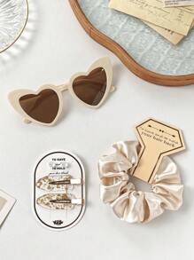 6pcs Wedding Bridesmaid Proposal Gift Hair Accessories Set: Multi-Color Versatile Scrunchies, Heart Shaped Glasses, 1 Pair Pearl Earrings, 1 Pair Gold Foil Hair Clips With Cards, All Perfectly Matched