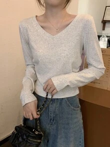 V-Neck Design Solid Color Long Sleeve Base Layer T-Shirt For Women, Versatile, Autumn/Winter Casual Spring - Light Grey - View 3