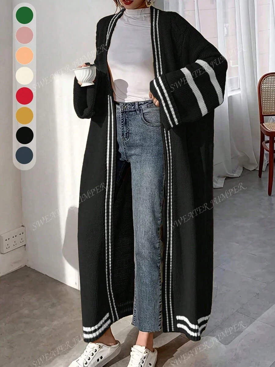 Cárdigan largo de punto elegante con rayas blancas en el borde, elegante, de moda casual de Europa y Estados Unidos para mujeres en otoño e invierno