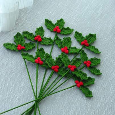 1/3/6/10pcs Handmade Crochet Red Bean Flower Branches, Crochet Flowers, Artificial Plants, Bouquet DIY, Creative Gift. Home Decor For Dining Room, Living Room, Bedroom, Party, And Outdoor Decoration. Suitable For Valentine's Day, New Year, Mother's Day, Birthday Gifts