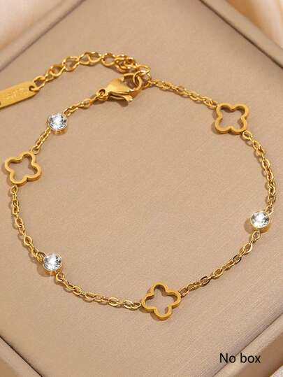 VceTd 1pc Classic Minimalist Design Hollow Clover & Crystal Decor Stainless Steel Chain Bracelet, Suitable For Women To Wear To Parties Or Commute Daily, Or As A Gift For Women On Holidays