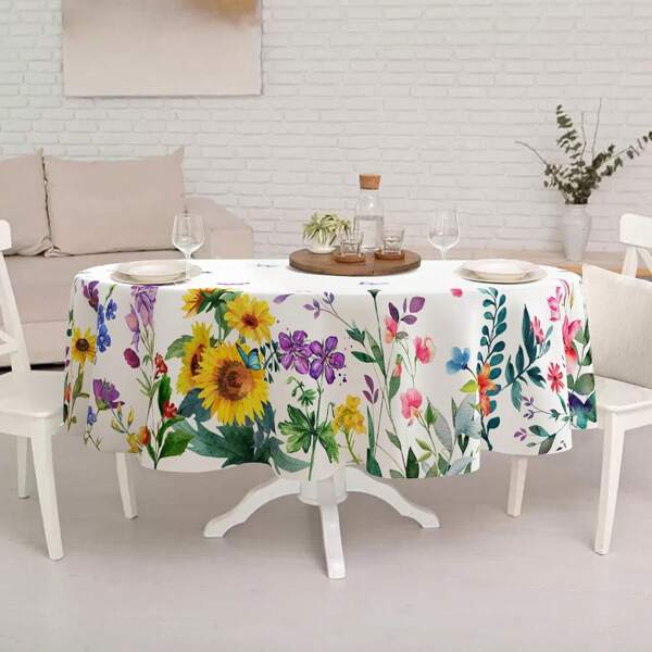 1pc Watercolor Floral Round Tablecloth, Lavender, Tulip, Poppy, And Bellflower Blooming Floral Decor, Machine Washable Durable Polyester Tablecloth For Spring/Summer
