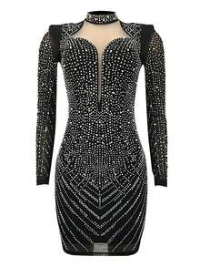 Sexy Deep V-Neck Party Club Rhinestone Mesh Sheer Dress - Black - View 4