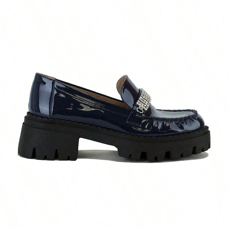 Chunky Loafer With Rhinestone Accent And Lug Sole - Navy Blue - View 1