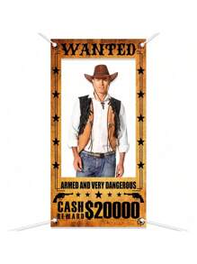1pc Western Cowboy Bounty Poster Vintage Backdrop, Holiday, Birthday, Party, Bathroom Gift Occasion Decor Hollow Photo Frame Hanging Cloth Photography Prop