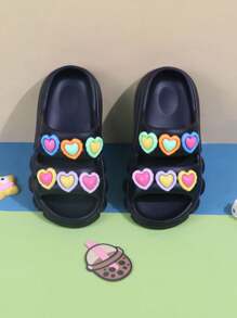 1 Pair Kids Non-Slip Outdoor Sandals, Colorful Heart Design Toddler Girls Beach Slippers, Children Summer Breathable Slippers
