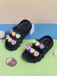 1 Pair Kids Non-Slip Outdoor Sandals, Colorful Heart Design Toddler Girls Beach Slippers, Children Summer Breathable Slippers