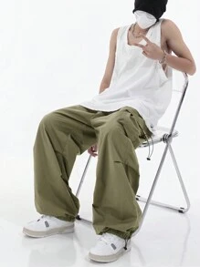 Men's Paratroop Cargo Pants, High Street Design Loose Hiphop Trousers, Unisex Wide Leg Straight Casual Pants, Outdoor Street Wear