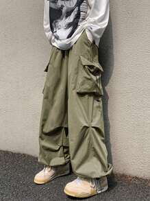 Men's Paratroop Cargo Pants, High Street Design Loose Hiphop Trousers, Unisex Wide Leg Straight Casual Pants, Outdoor Street Wear