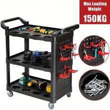 Tool Storage Heavy Duty Garage Trolley Workshop 3 Tier Wheel Cart Shelf 4 Styles - Black-with Hanging Storage - View 1