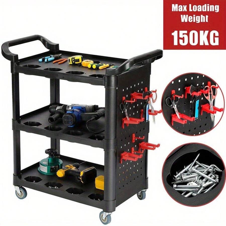 Tool Storage Heavy Duty Garage Trolley Workshop 3 Tier Wheel Cart Shelf 4 Styles - Black-with Hanging Storage - View 1