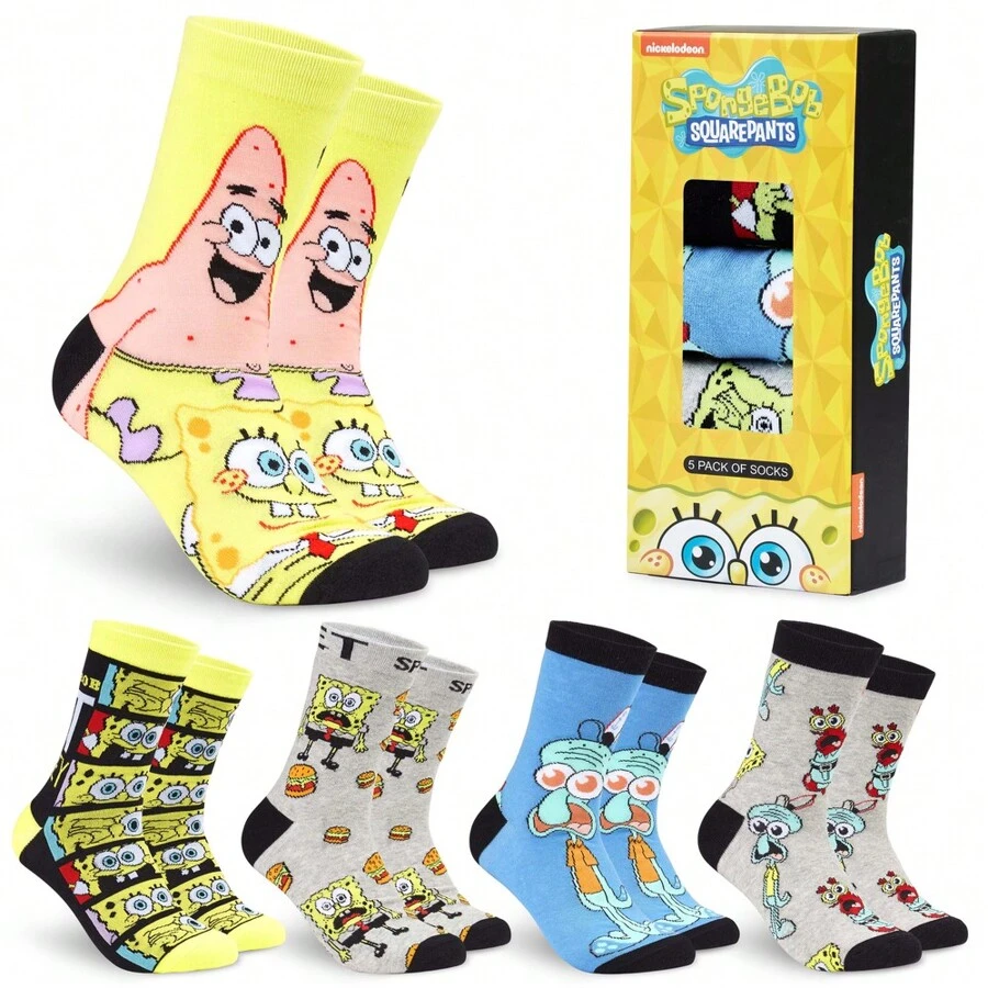 SPONGEBOB Socks Pack Of 5 Crew Soft Breathable Work Sports Casual Size 6-10 Gift - Multicolor - View 1