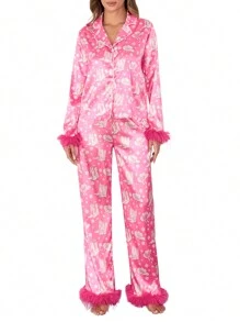 Women Christmas Pajamas Lounge Set Santa/Christmas Tree/Boots Print Shirts Tops And Pants 2 Piece Loungewear Outfits - Hot Pink - View 2