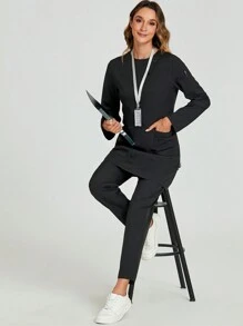 cimmuovere Long Sleeve Solid Color Lab Scrub Uniform Suits Nurse Scrub Uniform Sets For Doctors, Dentists, Clinics, Beauty Salons, Psychologists, With Pockets - Black - View 7
