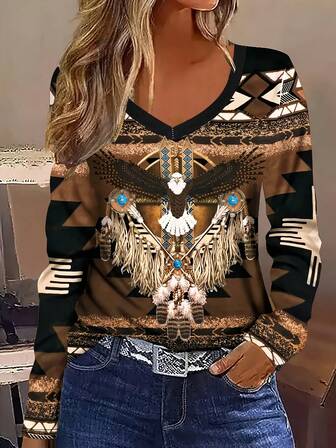 Women's Autumn All-Over Print V-Neck Long Sleeve T-Shirt