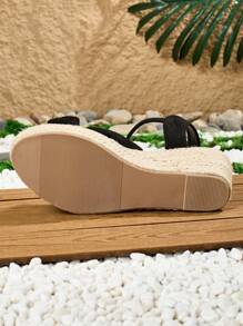 Women's Denim Wedge Sandals, Thick-Soled High Heels, -Rope Casual Espadrille Loafers - Black - View 6