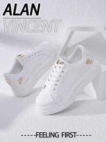 Alan Vincent White Shoes For Women 2025 New Casual And Versatile Women's White Shoes Ladies Flat Sneakers With Gold Rose Embroidery And Comfortable Pair With Various Pants And Jeans Lightweight, Wear-Resistant And Non-Slip - White - View 2