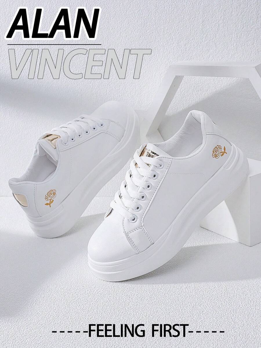 Alan Vincent White Shoes For Women 2025 New Casual And Versatile Women's White Shoes Ladies Flat Sneakers With Gold Rose Embroidery And Comfortable Pair With Various Pants And Jeans Lightweight, Wear-Resistant And Non-Slip