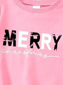 Conjunto de 2 peças de roupa de Natal para meninas - "MFRRY" com estampa de letras, moletom de manga comprida e calças flare estampadas por toda parte, casual, outono/inverno