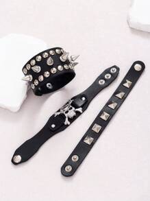 1 pieza Brazalete de PU con calavera y remaches de estilo punk, brazalete unisex gótico exagerado con remaches, brazalete de pareja de estilo rock, versátil para el uso diario de moda vintage