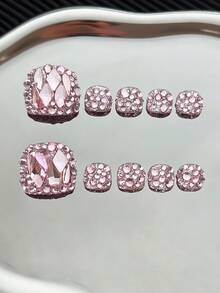 10 pezzi/confezione Adesivi per unghie quadrati con punta quadrata completamente tempestati di strass, fatti a mano con diamanti irregolari multicolore trasparenti e design glitterato, avvolgimenti per unghie completi riutilizzabili e scintillanti per le donne - Rosa - Visualizzare 9