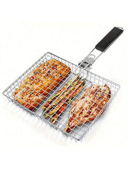 Penjepit Barbekyu Pegangan Lipat Stainless Steel, Penjepit Panggangan Ikan/Ayam/Daging Multifungsi Luar Ruangan, Rak Panggangan Jagung
